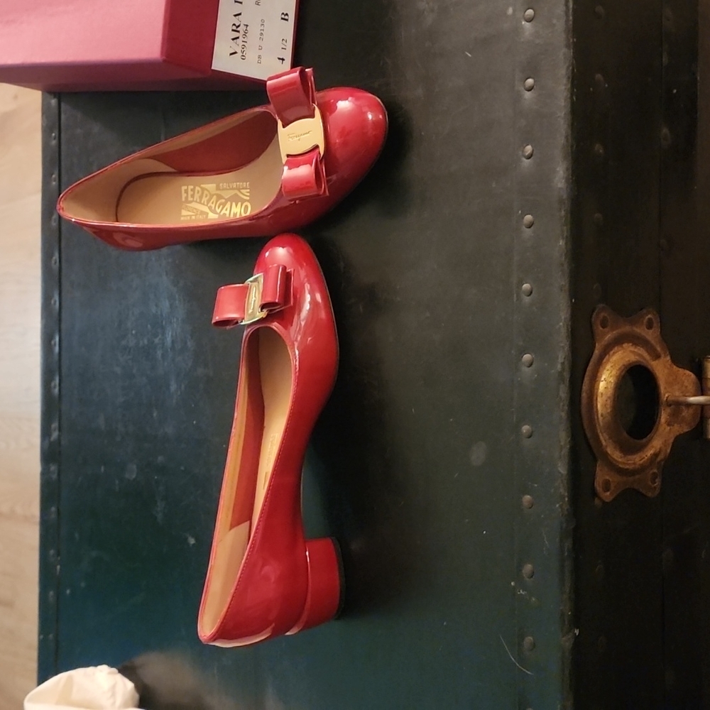 Salvatore Ferragamo size 4.5 red patent leather heels.